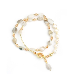 Bohemian double-layered bracelet with amber crystals, pearls, and gold-plated curved tubes
