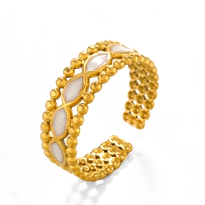 18K gold plated stainless steel open ring with rhombic white enamel and gold bead edging