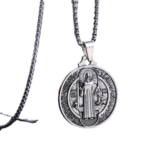 Silver St. Benedict medal pendant in stainless steel on a white background