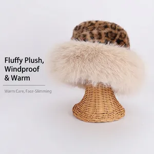 Faux fur leopard print Mongolian hat with thick plush ear protection for winter warmth