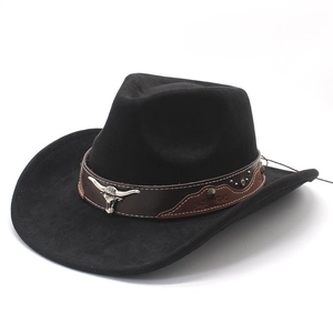 Black western cowboy hat with bull head metal emblem and leather decorative band
