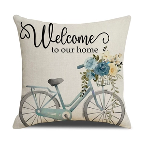 Oster-Kissenbezug aus Leinen mit blauem Hasenprint und Welcome to our home Text