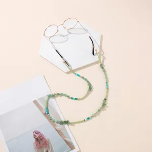 Fashionable green beaded eyewear chain with natural stones and gold metal accents