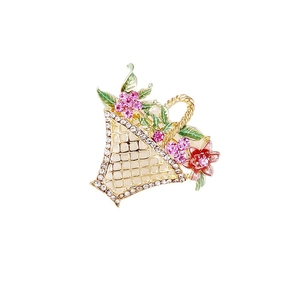 Exquisite flower basket brooch with pink crystals and white enamel in gold plating