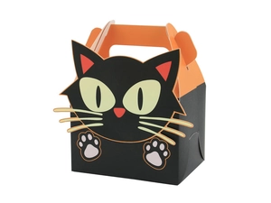 Detail view of foldable Halloween gift box featuring a cute black cat design with a handle