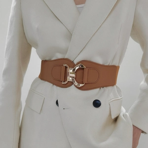 Detail of a brown elastic waist belt for women with a geometric gold metal buckle