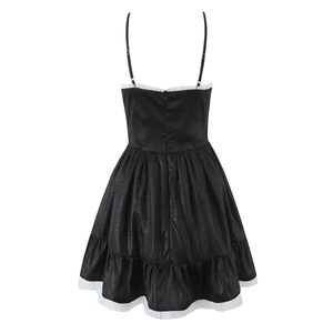 Robe noire en jacquard à bretelles avec volants blancs et design dos nu élégant