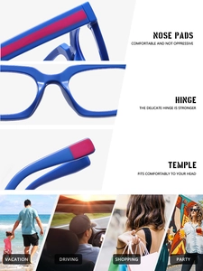 Detail of blue and pink frame hinges and lifestyle scenes for anti-blue light glasses