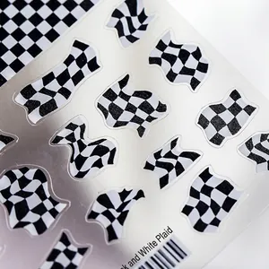 5D embossed nail stickers featuring blue and white racing checkered flags with silver finish