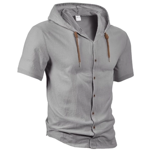Men's grey short sleeve linen cotton hooded shirt with buttons in professional ghost mannequin view