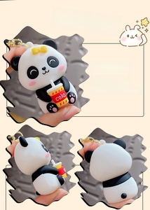 Detailed views of 3D panda keychain with yellow bow holding a cola cup