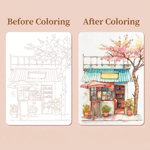 Portable DIY watercolor painting book with cherry blossom shop line art and color guides