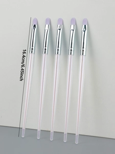 Detailed view of 5 makeup brushes with purple bristles and transparent glitter handles
