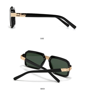 Detailed side and back view of retro square sunglasses with golden hollow temples