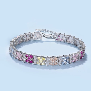 Macro shot of colorful S925 sterling silver tennis bracelet with multi-color zircons