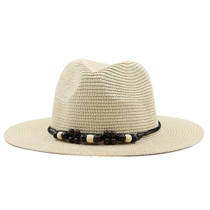 Chapeau Panama en paille avec cordon noir et perles en bois pour protection solaire été