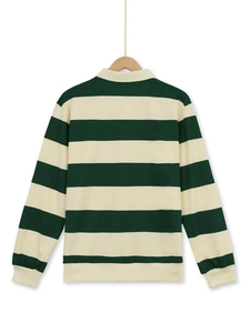 Détail de la texture en maille et du motif à rayures classiques sur un polo à manches longues