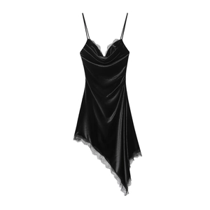 Schwarzes Samt Slip Minikleid Mit Spitzenbesatz Asymmetrischem Saum Tiefem V-Ausschnitt Spaghetti-Trägern Für Damen