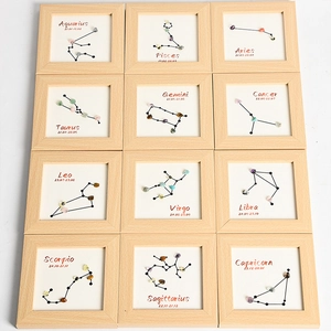 Framed zodiac raw crystal stones decor set with 12 minimalist wooden picture frames