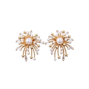 Elegant 18k gold plated firework stud earrings with sparkling pearls and cubic zirconia