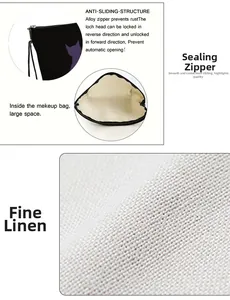 Detail of linen makeup bag showing non-slip alloy zipper and cat print texture