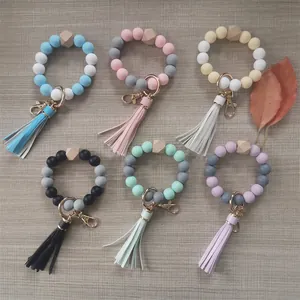 Silicone bead keychain bracelets with tassels and hexagon wood beads in six colors