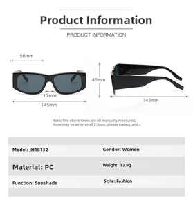 Detailed dimensions of black square sunglasses with PC frame and thick temples for women