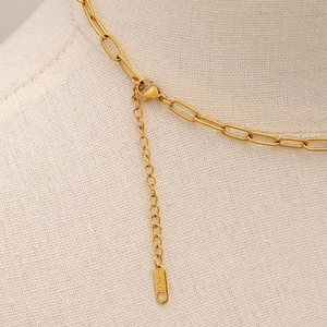 Détail du collier trombone doré avec fermoir mousqueton et étiquette gravée S.STEEL