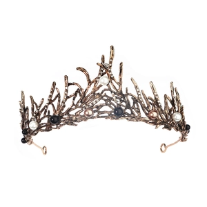 Antique bronze branch tiara with black, white, and pink pearls and sparkling rhinestones