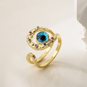 Gold Bohemian Evil Eye open ring with blue enamel and colorful rhinestones