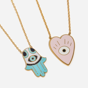 18K Gold Plated Stainless Steel Evil Eye Pendant Necklace Pink Heart Hamsa Hand Enamel Necklace For Women Jewelry
