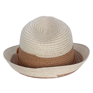 Detail of two-tone straw sun hat featuring woven rope trim and breathable texture