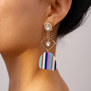 Chic geometric resin drop earrings with sparkling rhinestones and colorful stripes