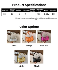 Size chart and dimensions for the glossy patent leather motorcycle shoulder bag