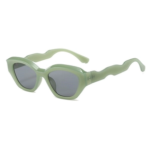 Trendy square mint green sunglasses with unique wavy arms and dark grey lenses for women