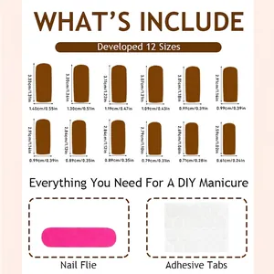 Pink French press-on nail set size chart with 12 nail sizes and application tool kit