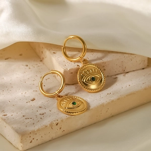 18K gold plated stainless steel hoop earrings with green evil eye pendants on stone