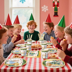 Kids at a festive table using nutcracker Christmas party plates, cups and napkins