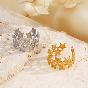 Minimalist stainless steel open rings with star cutouts in gold and silver finishes