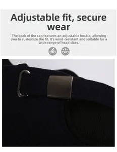 Detail of adjustable metal buckle on navy wool baseball cap for size adjustment