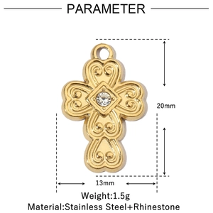 Detailed dimensions of the gold stainless steel cross pendant with rhinestones