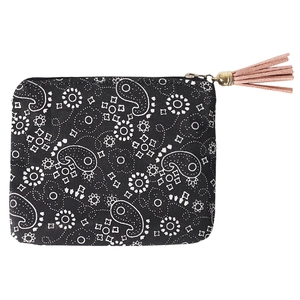 Retro paisley coin purse in black with metal zipper and pink tassel decoration