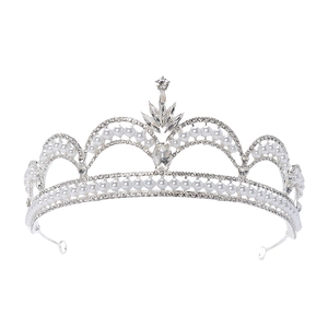 Vintage silver bridal crown with white pearls and sparkling rhinestones for weddings