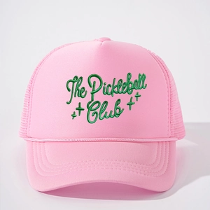 Close-up of pink trucker hat featuring green The Pickleball Club embroidery and mesh detail