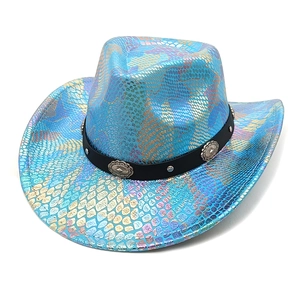 Close-up of iridescent snakeskin texture and vintage silver metal studs on cowboy hat