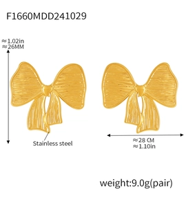 Detailed dimensions of gold stainless steel bow earrings weighing 9.0g per pair