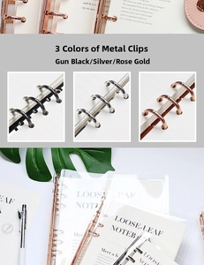 Detail of 6-hole metal binders in gunmetal, silver, and rose gold for PVC notebooks