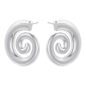 Macro shot of silver spiral C-shaped stud earrings with a polished mirror finish