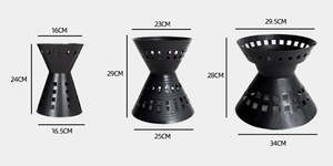 Three sizes of black matte funnel flower bucket inserts with precise dimension labels