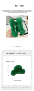 Detail showing green rabbit fur hair claw clip specifications with 10.2cm length size